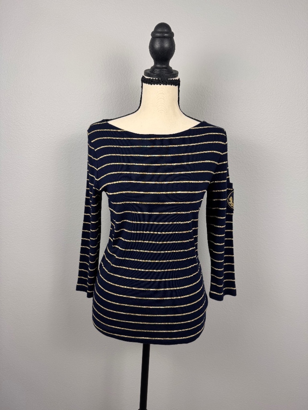 Lauren Ralph Lauren Navy &‎ Gold Metallic Striped Nautical Crest Top - Size S